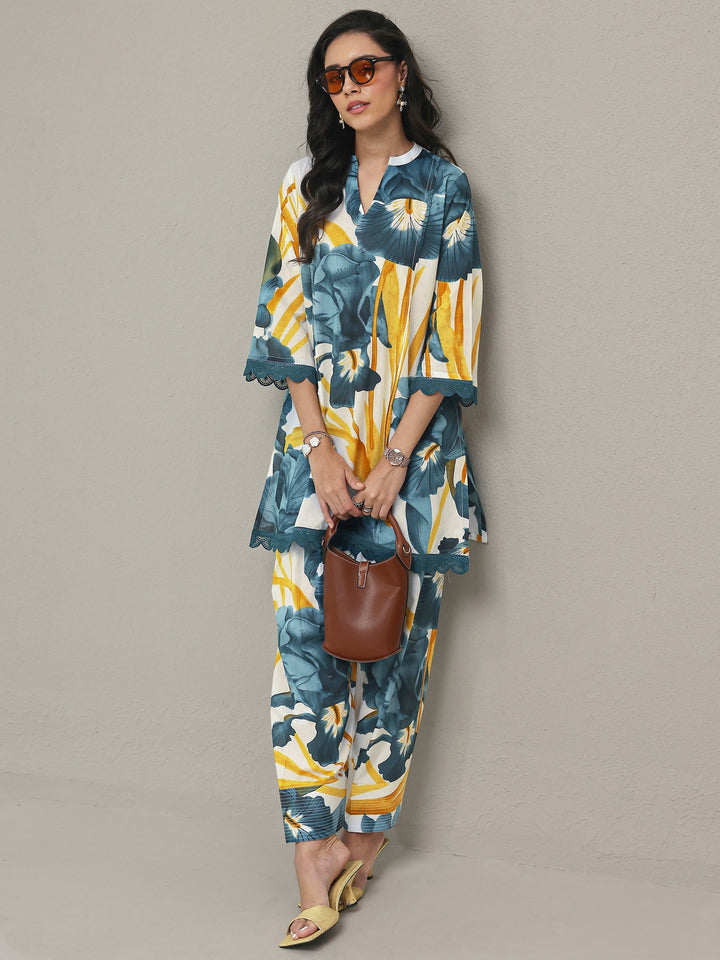 White Floral Printed Cotton Straight Kurta Set