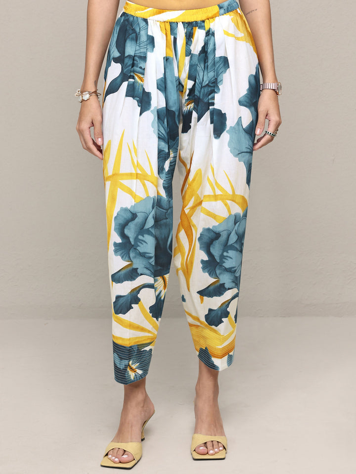 White Floral Printed Cotton Straight Kurta Set