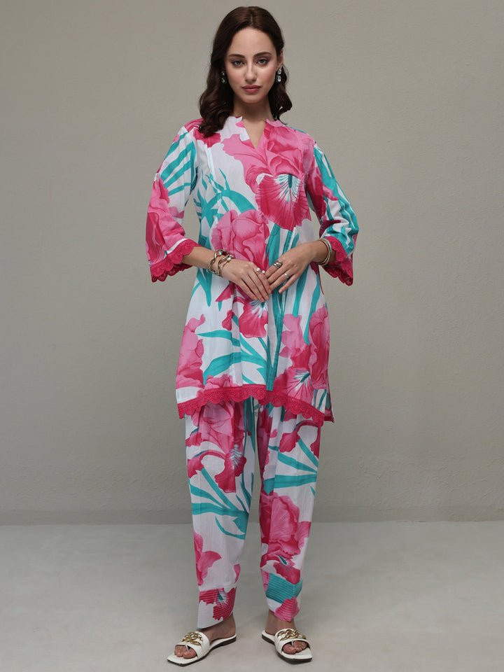 White Floral Printed Cotton Straight Kurta Set