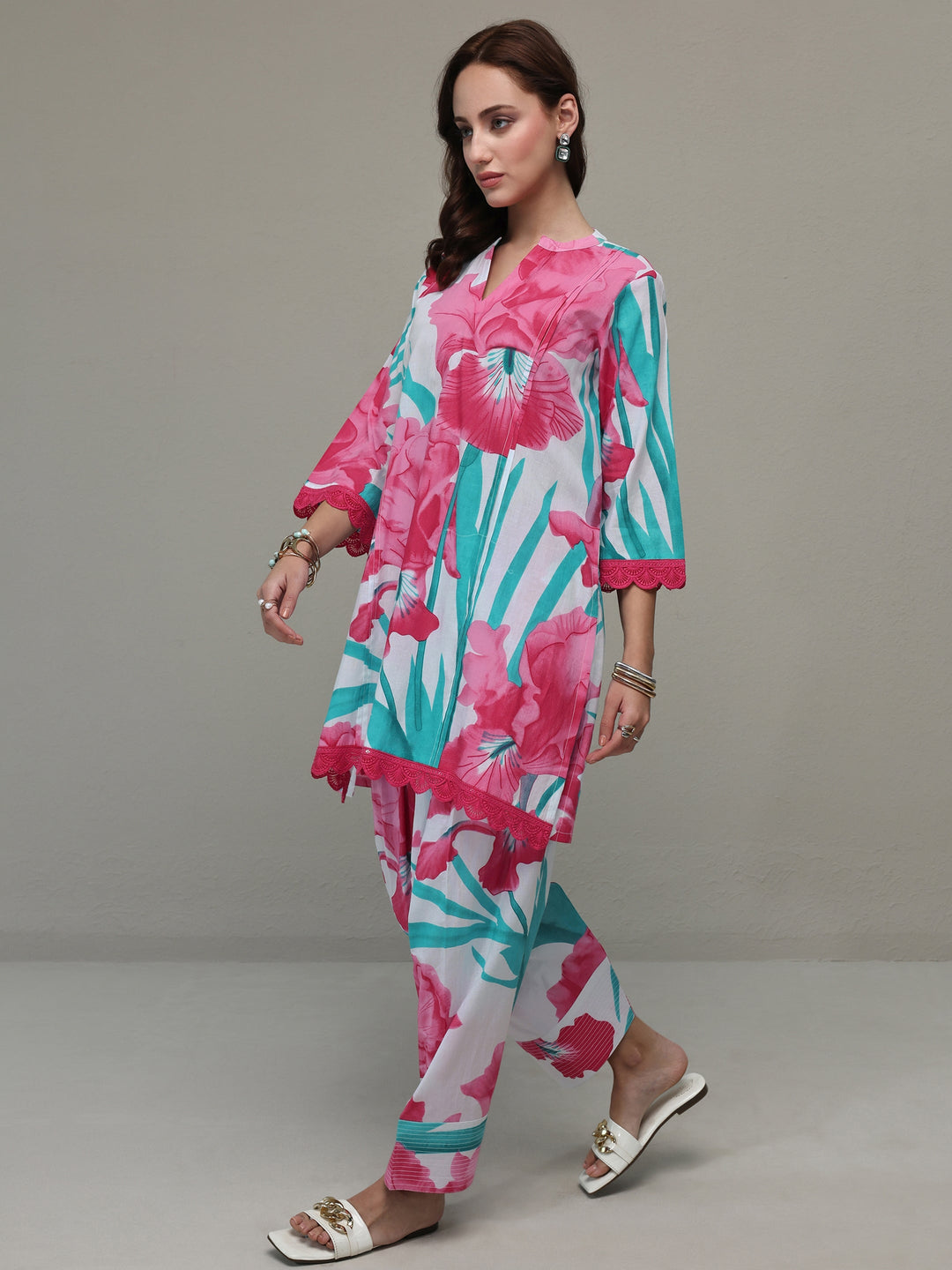 White Floral Printed Cotton Straight Kurta Set