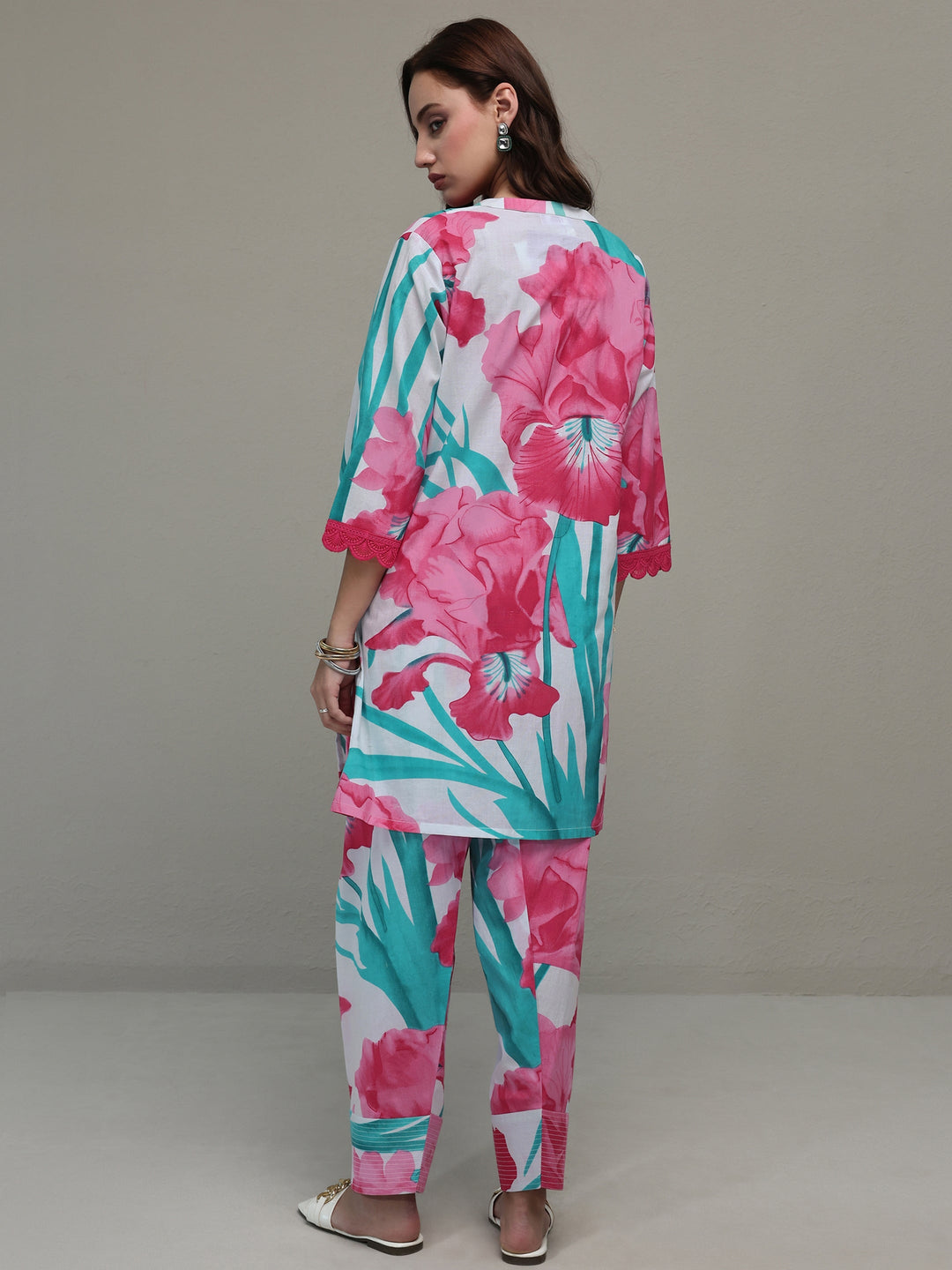 White Floral Printed Cotton Straight Kurta Set