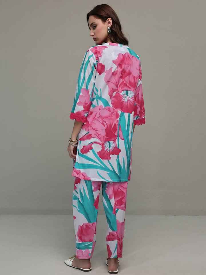 White Floral Printed Cotton Straight Kurta Set