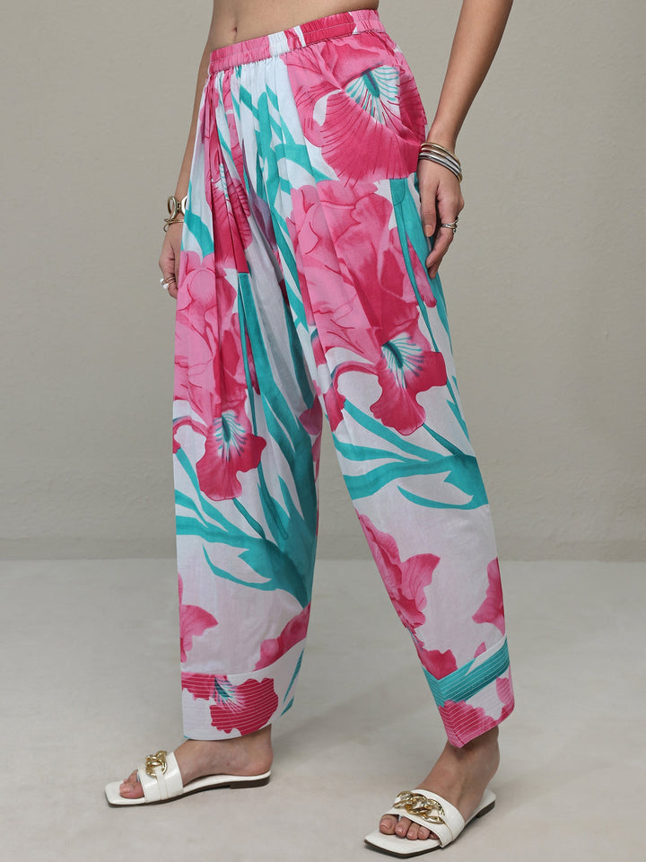 White Floral Printed Cotton Straight Kurta Set