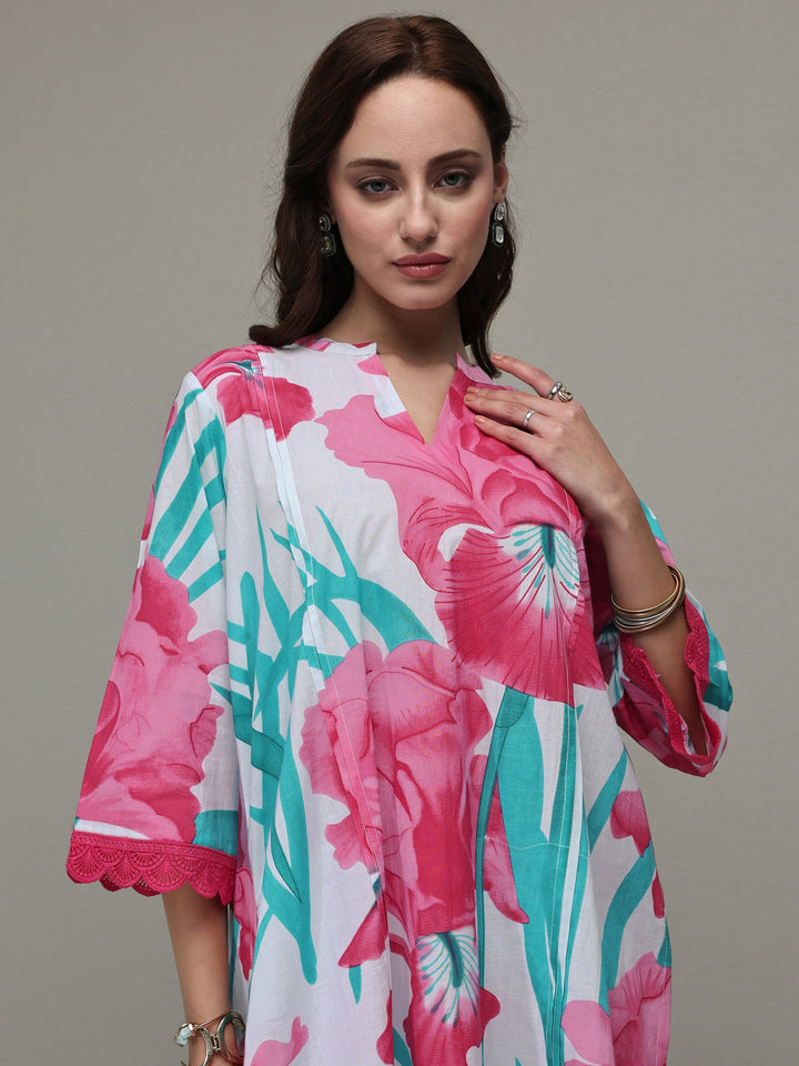 White Floral Printed Cotton Straight Kurta Set