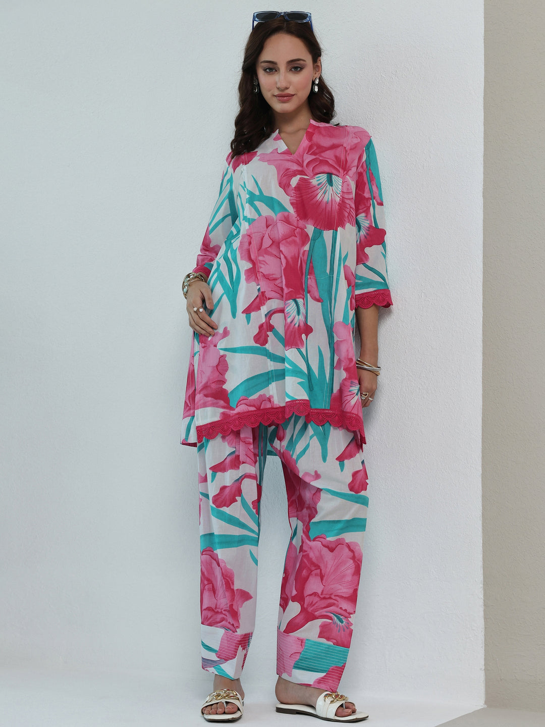White Floral Printed Cotton Straight Kurta Set