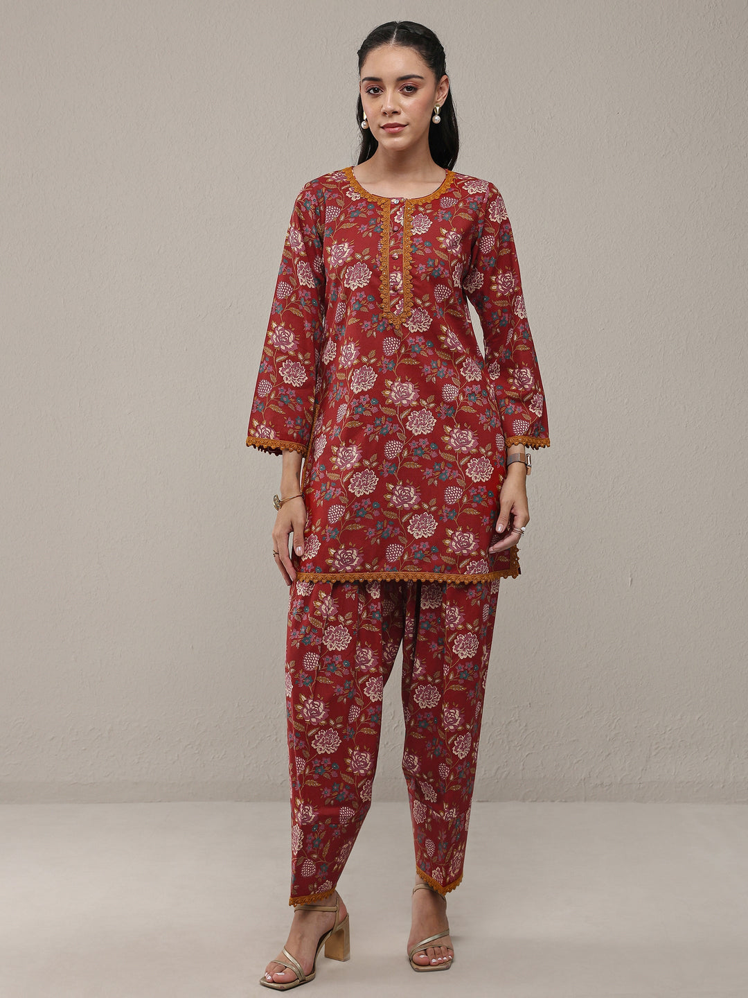 Rust Floral Printed Cotton Straight Kurta Set