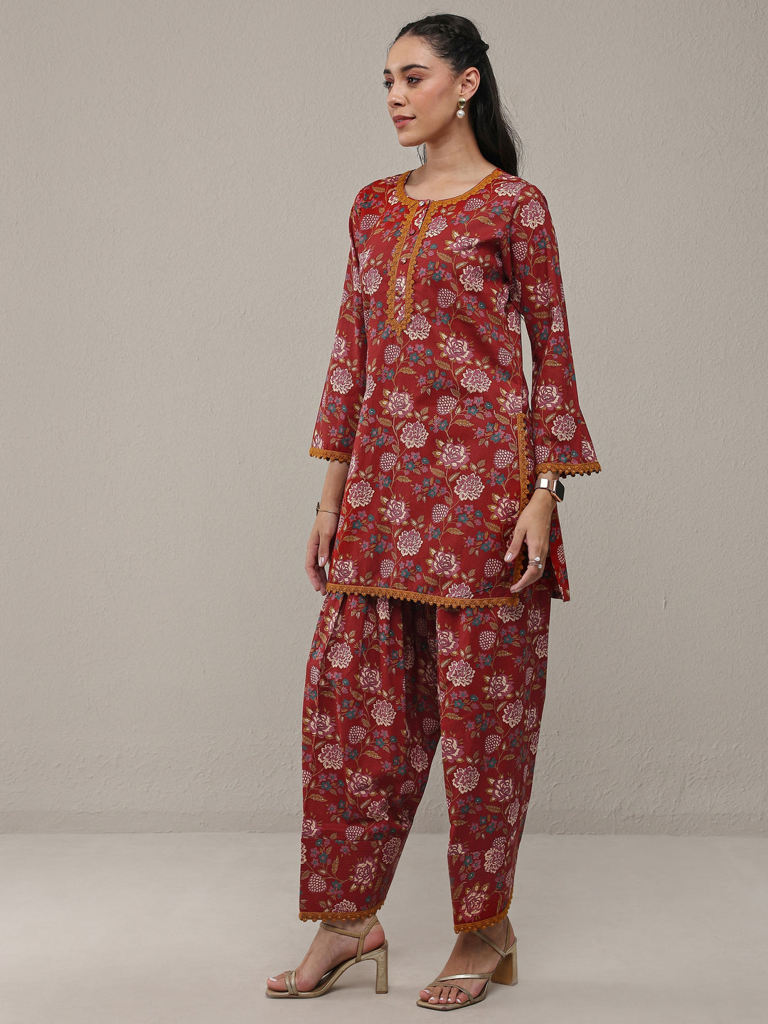 Rust Floral Printed Cotton Straight Kurta Set