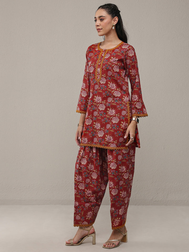 Rust Floral Printed Cotton Straight Kurta Set