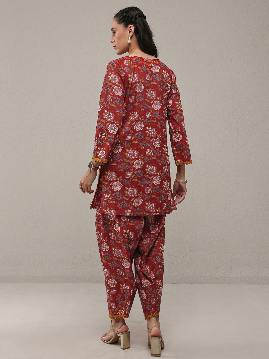 Rust Floral Printed Cotton Straight Kurta Set