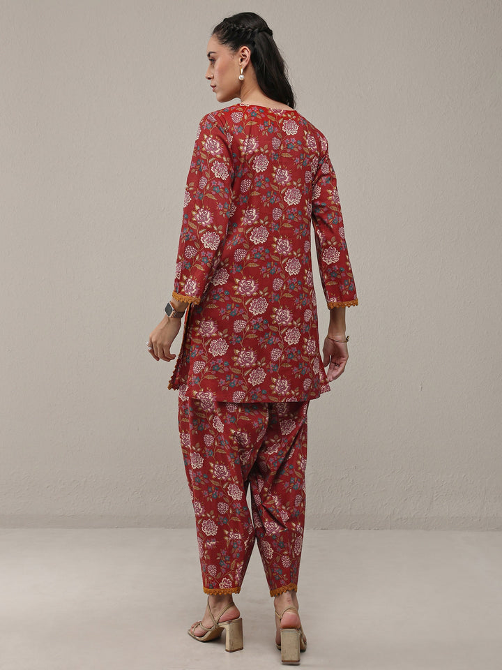 Rust Floral Printed Cotton Straight Kurta Set