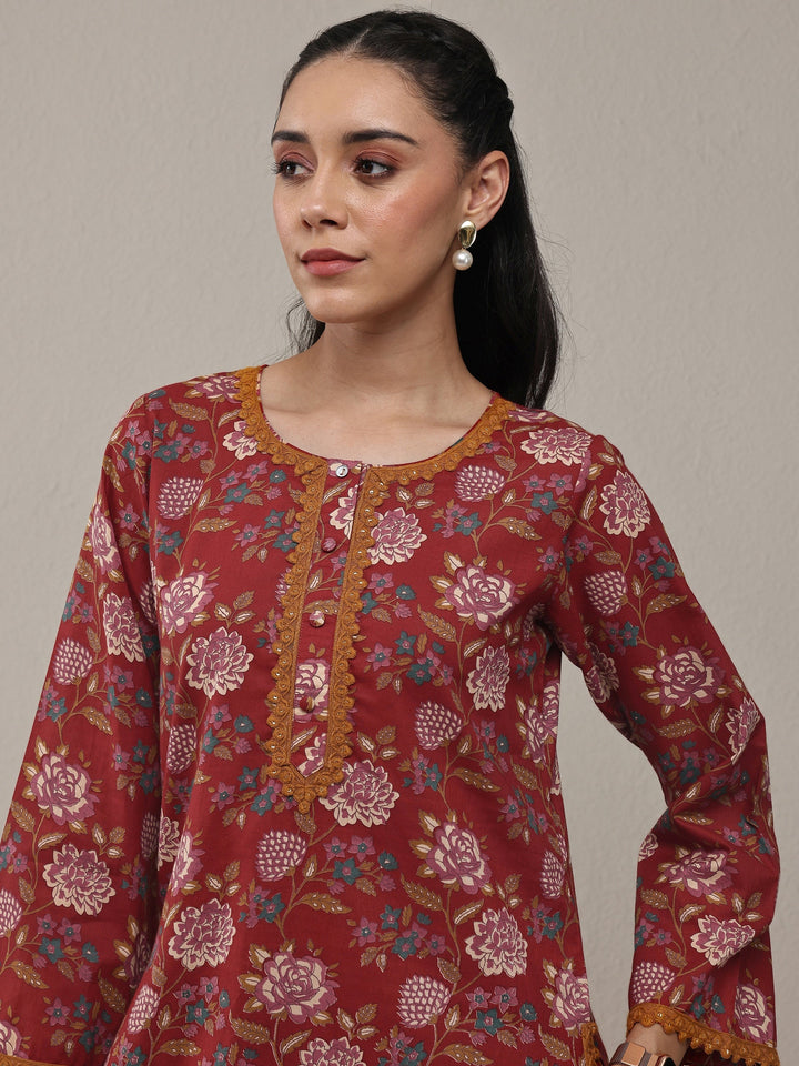 Rust Floral Printed Cotton Straight Kurta Set