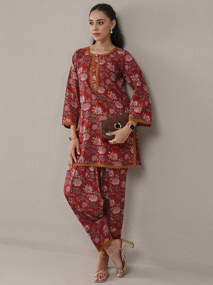 Rust Floral Printed Cotton Straight Kurta Set