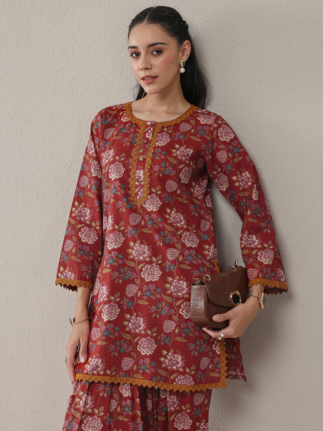 Rust Floral Printed Cotton Straight Kurta Set