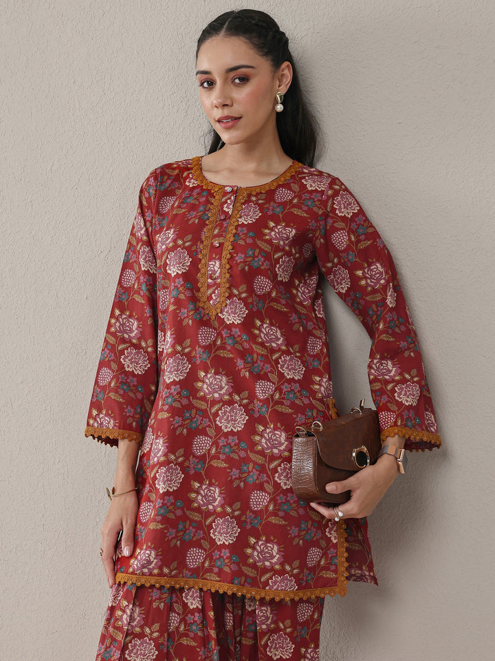 Rust Floral Printed Cotton Straight Kurta Set