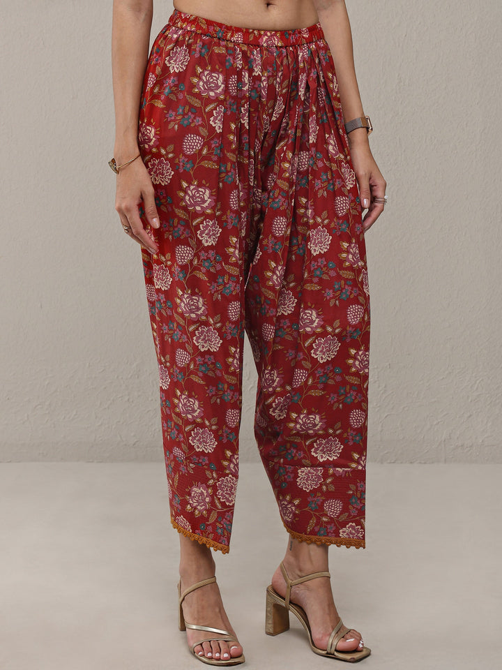 Rust Floral Printed Cotton Straight Kurta Set