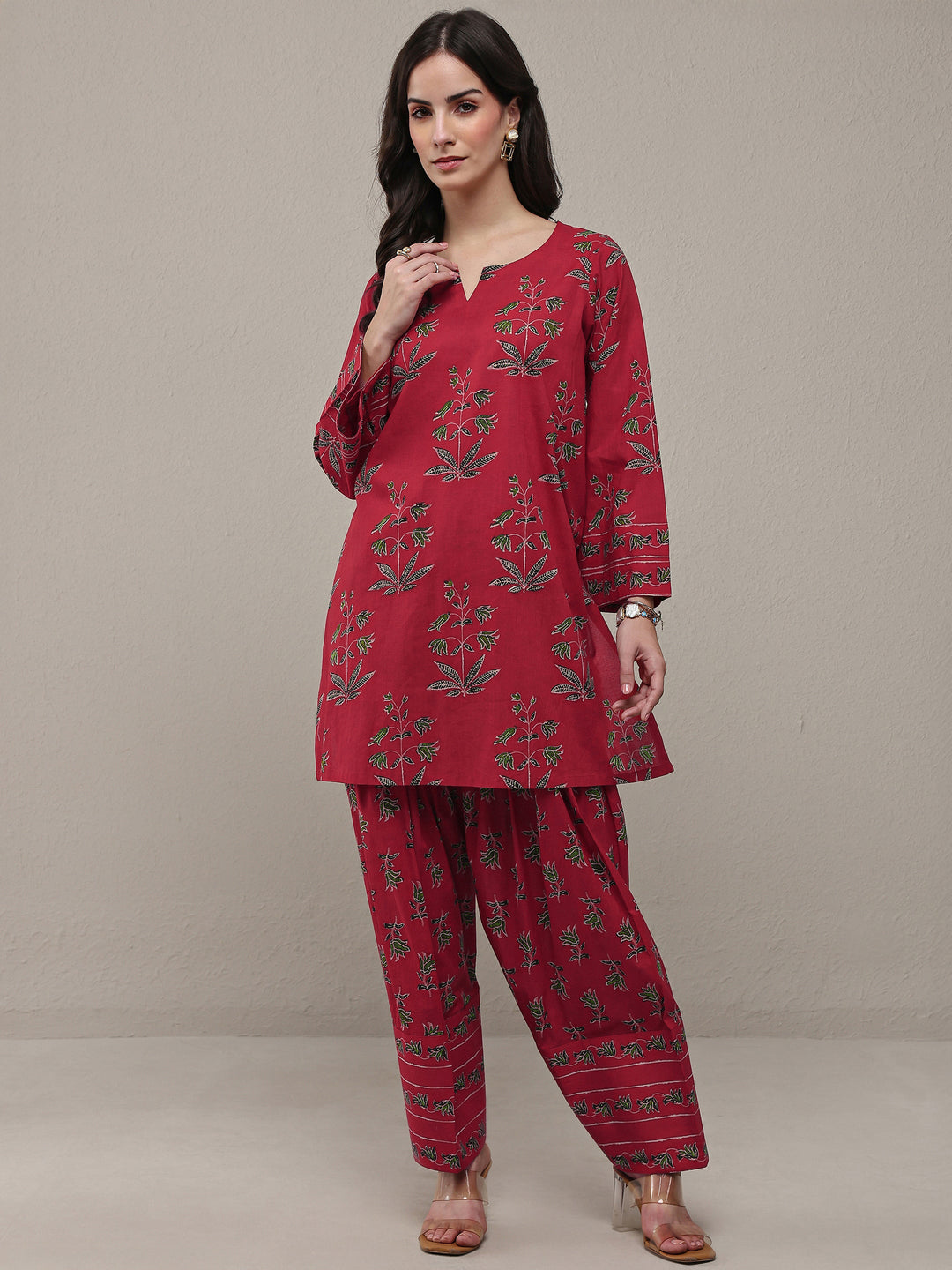 Pink Floral Printed Cotton Straight Kurta Set