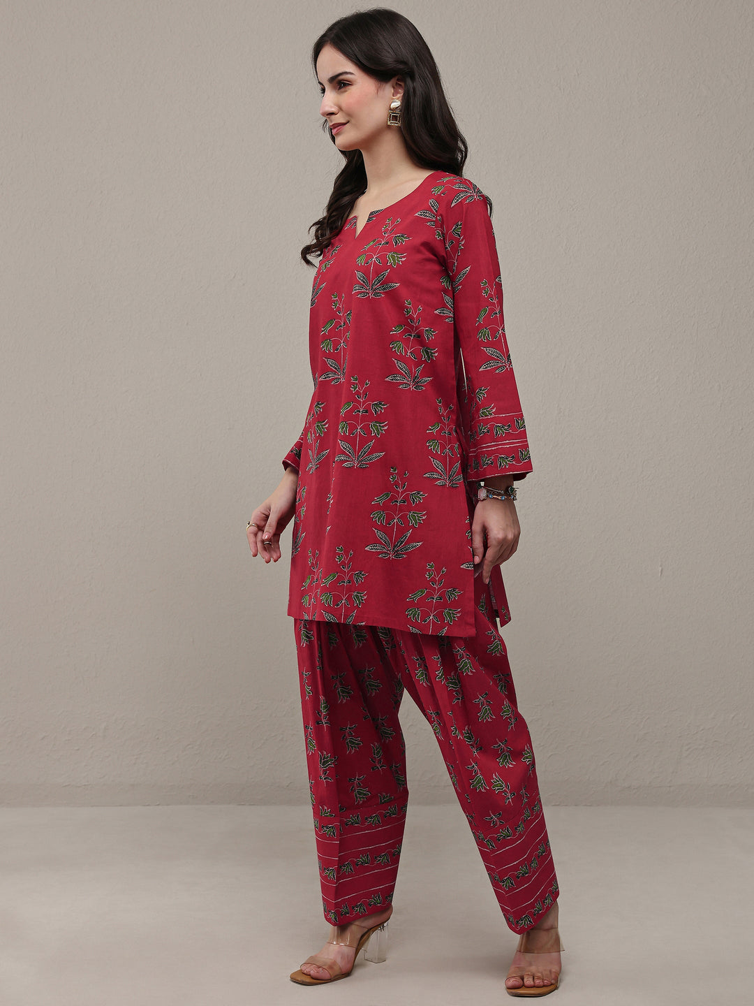 Pink Floral Printed Cotton Straight Kurta Set