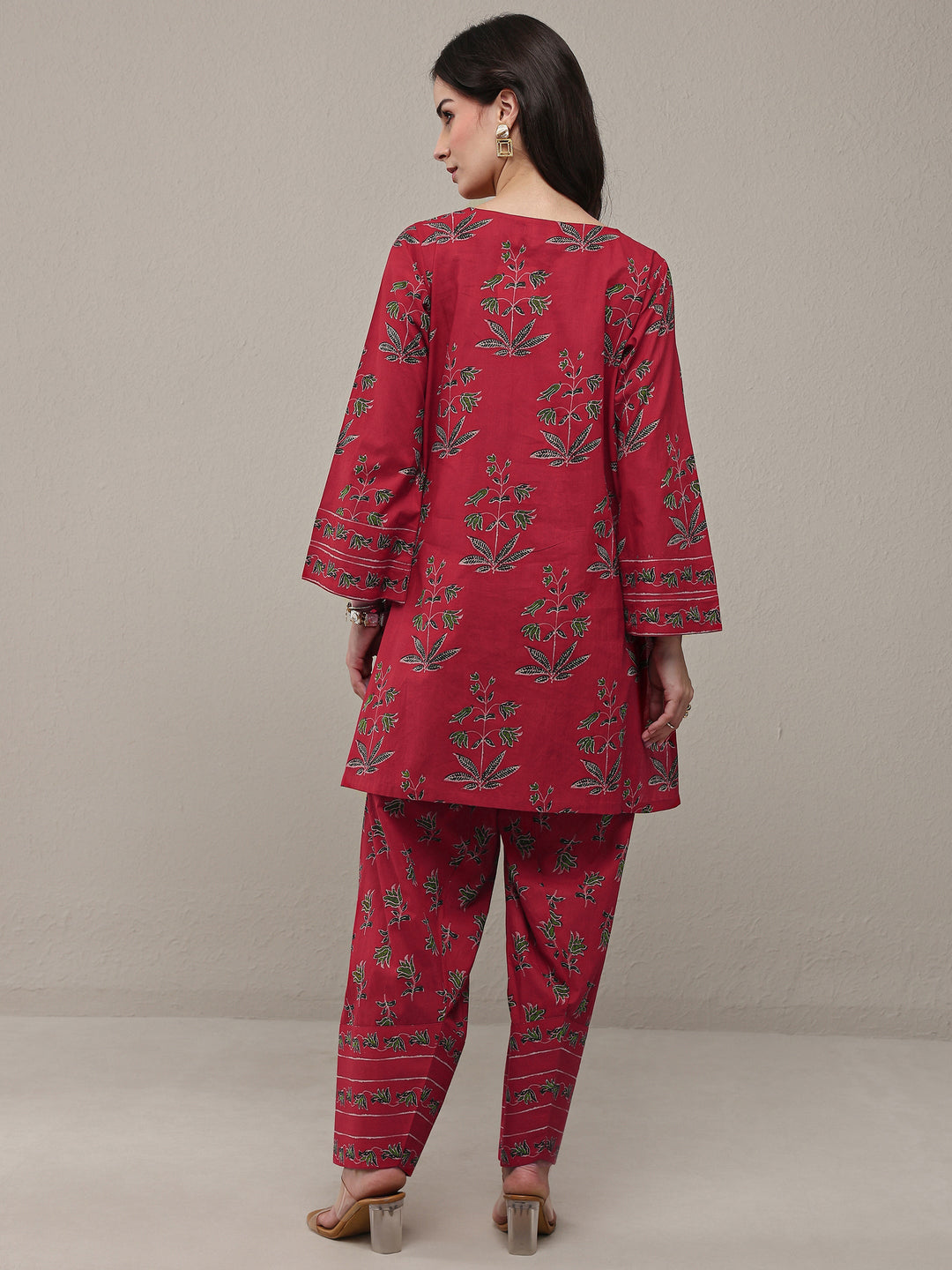 Pink Floral Printed Cotton Straight Kurta Set