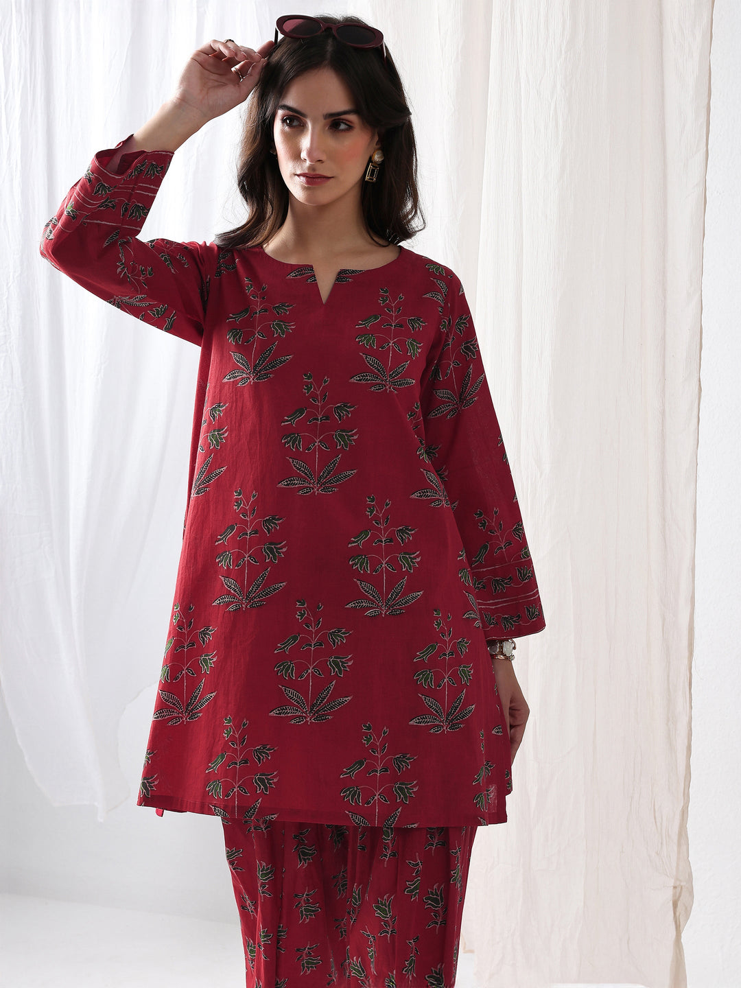 Pink Floral Printed Cotton Straight Kurta Set