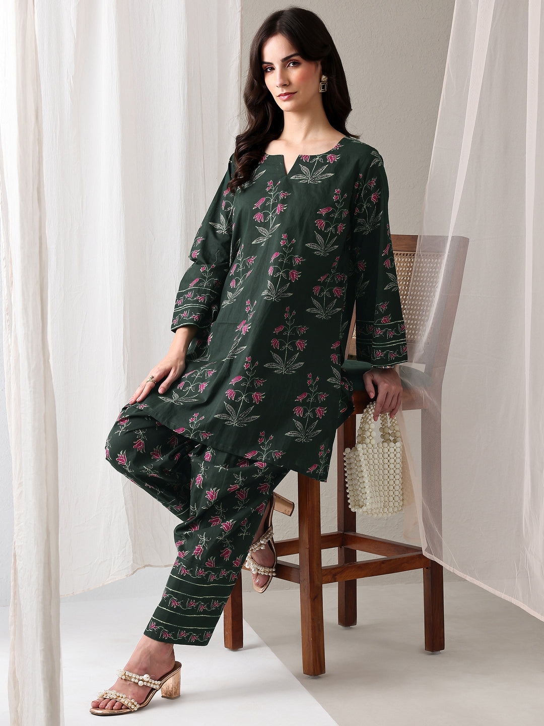 Green Floral Printed Cotton Straight Kurta Set