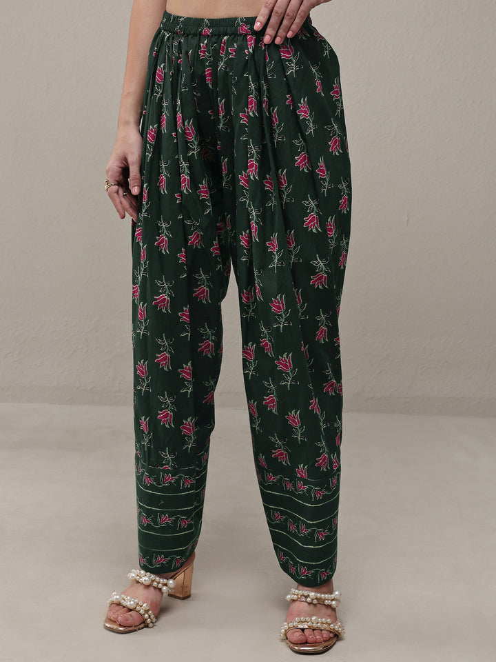 Green Floral Printed Cotton Straight Kurta Set