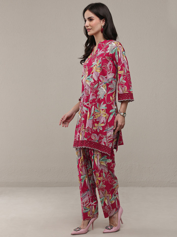 Pink Floral Printed Cotton Straight Kurta Set
