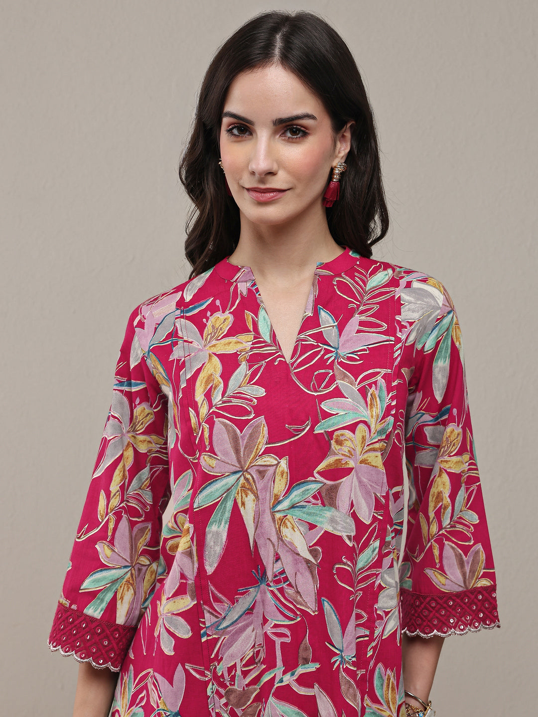 Pink Floral Printed Cotton Straight Kurta Set