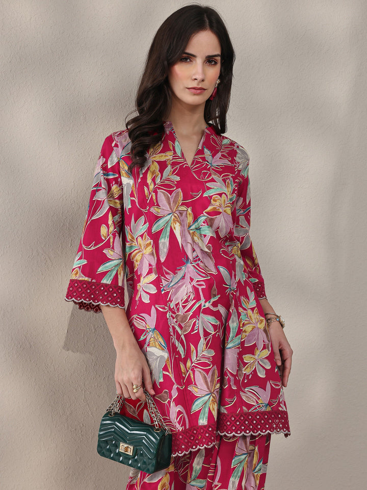 Pink Floral Printed Cotton Straight Kurta Set