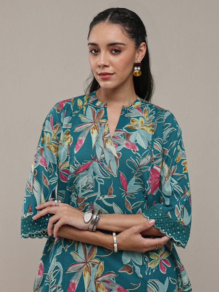 Libas Blue Floral Printed Cotton Straight Kurta Set