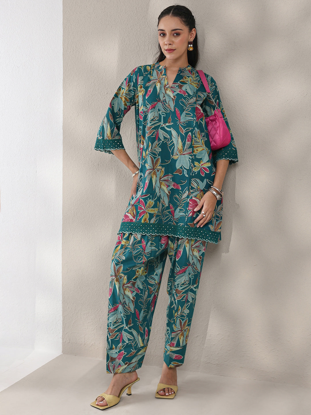 Libas Blue Floral Printed Cotton Straight Kurta Set