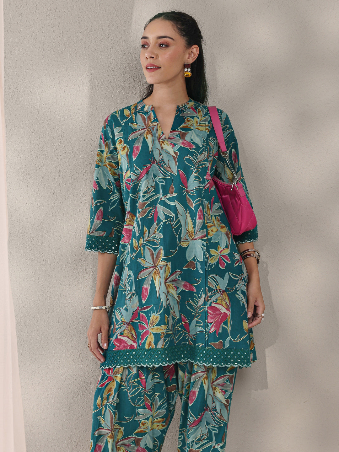 Libas Blue Floral Printed Cotton Straight Kurta Set