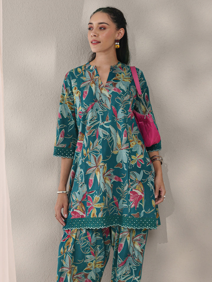 Libas Blue Floral Printed Cotton Straight Kurta Set