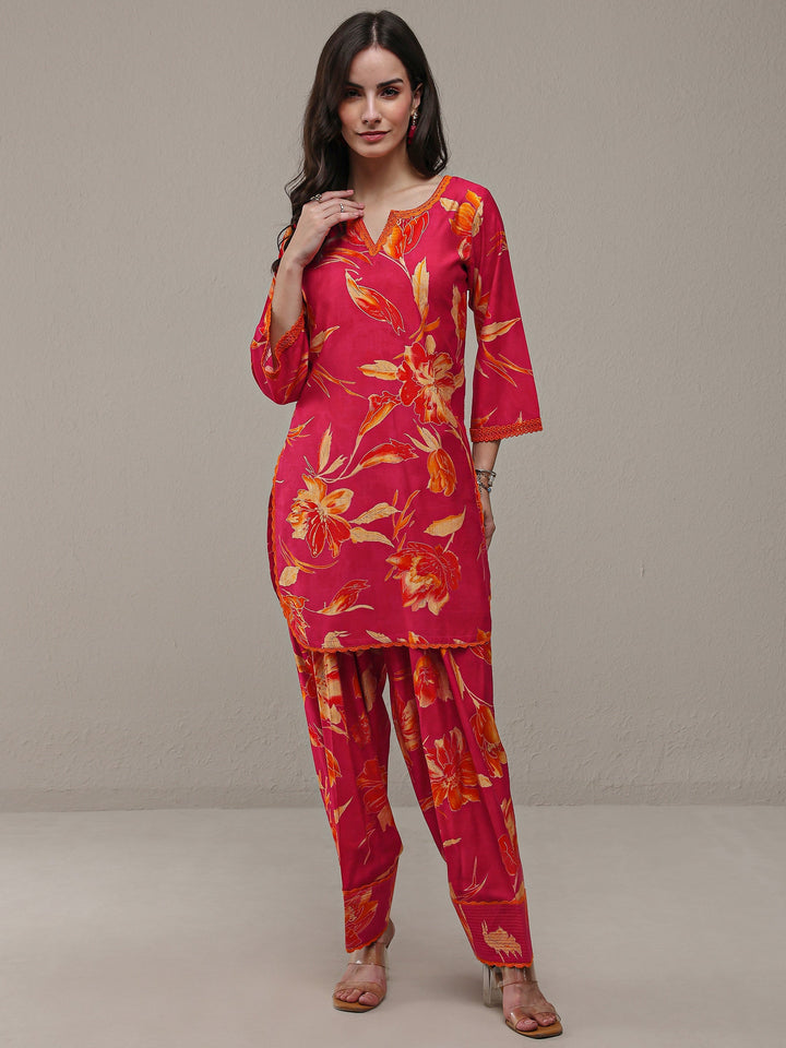 Libas Pink Floral Printed Silk Blend Straight Kurta Set
