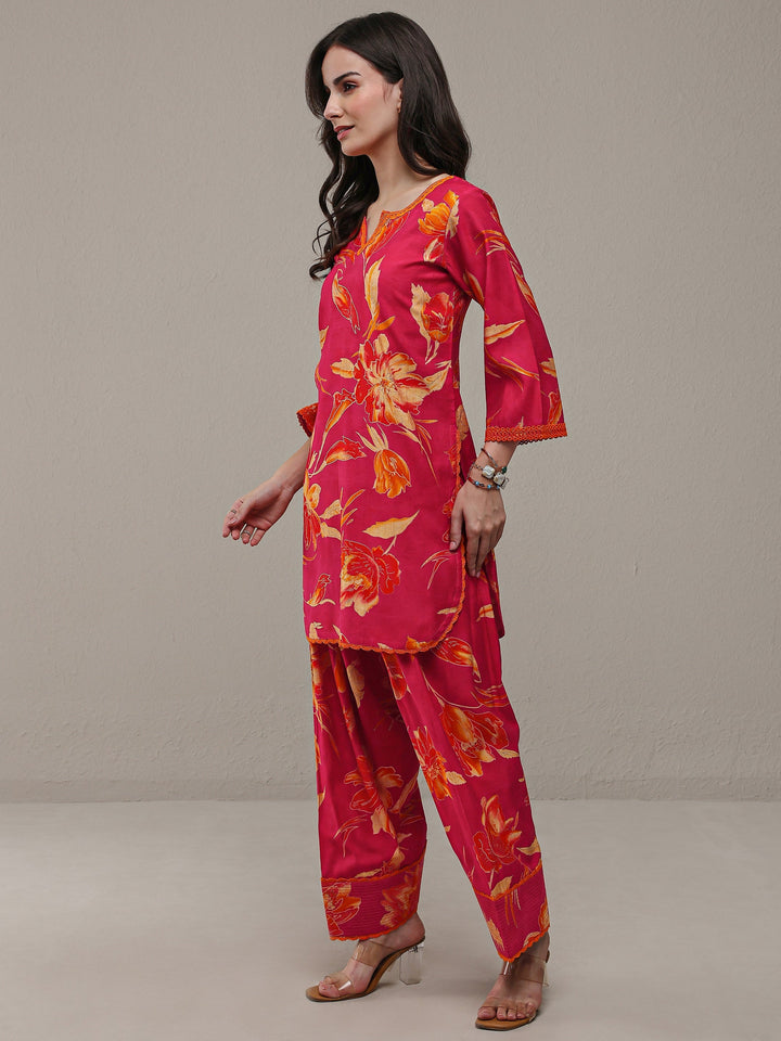 Libas Pink Floral Printed Silk Blend Straight Kurta Set