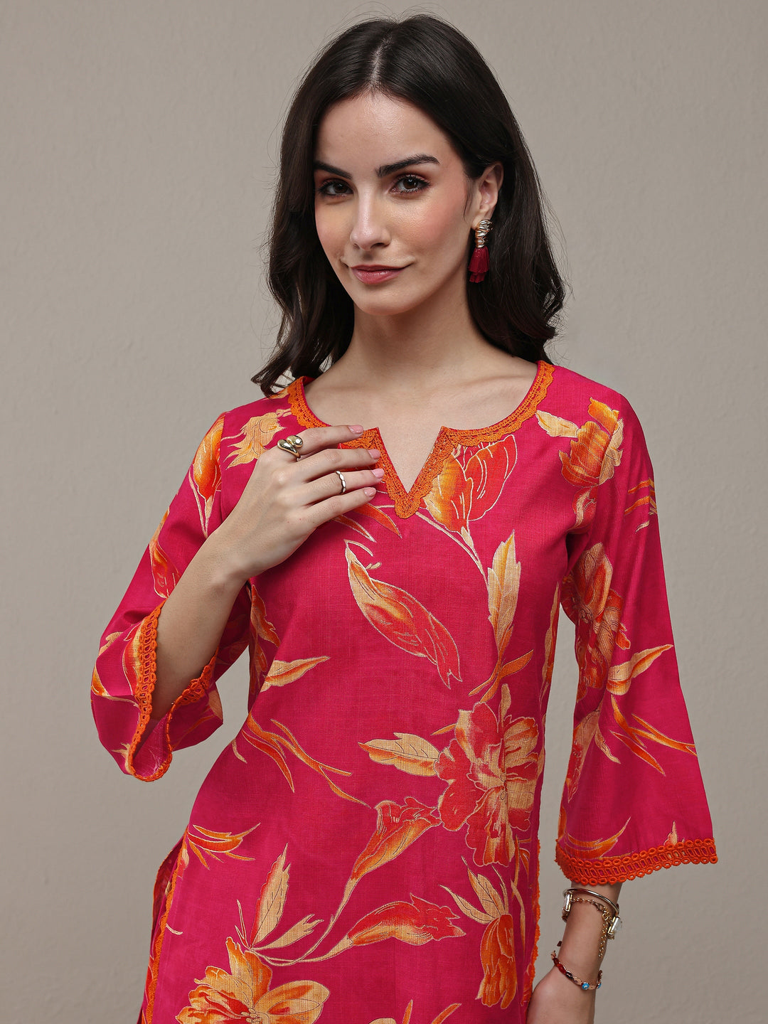Libas Pink Floral Printed Silk Blend Straight Kurta Set