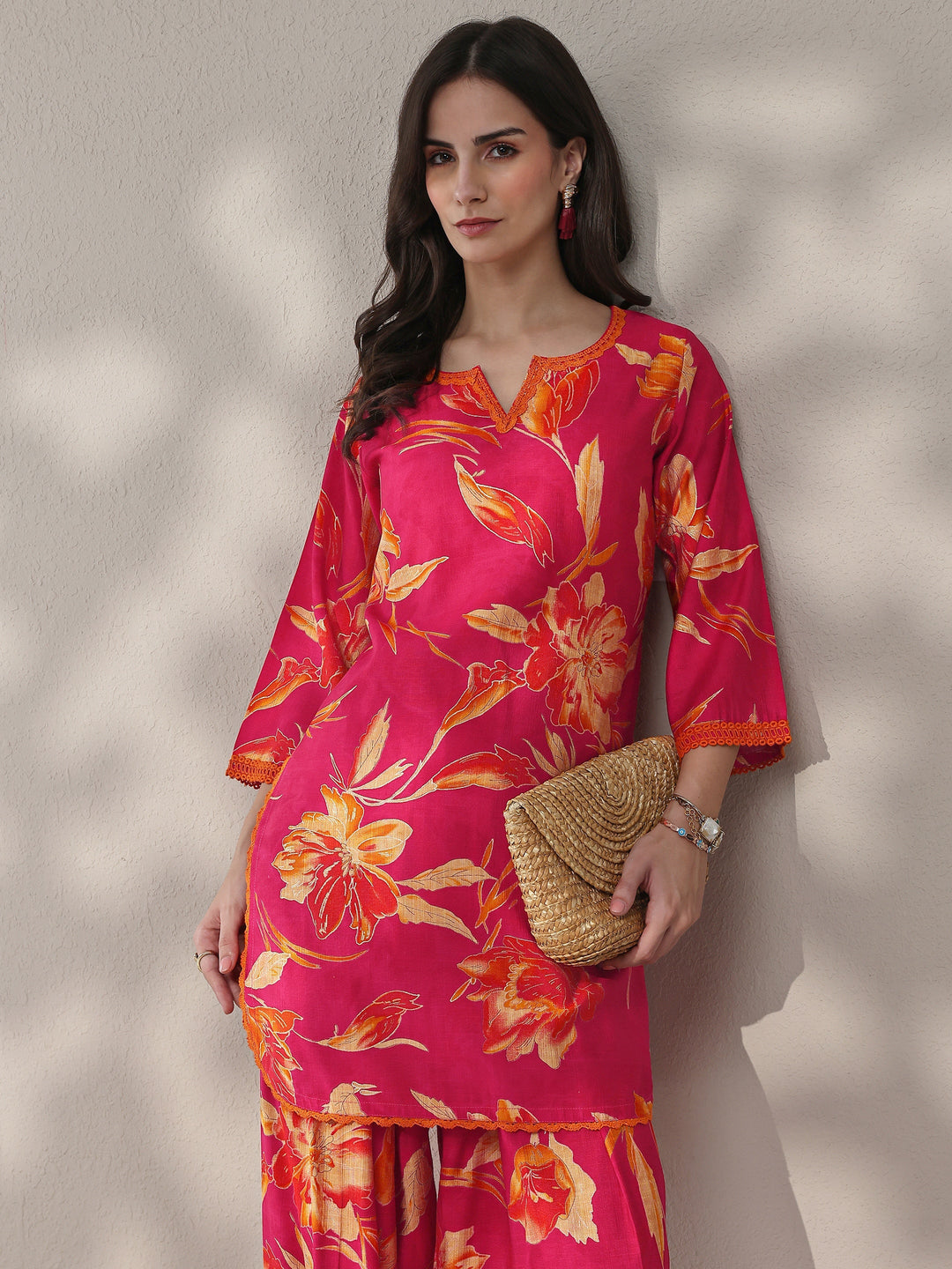 Libas Pink Floral Printed Silk Blend Straight Kurta Set