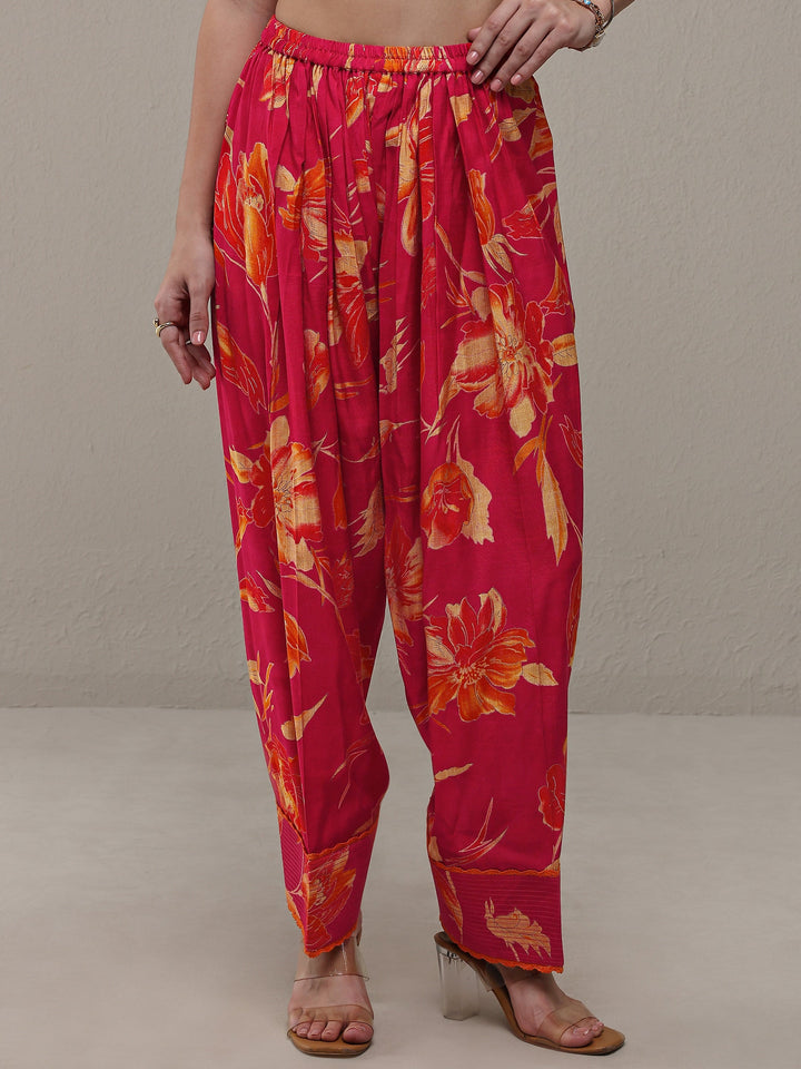 Libas Pink Floral Printed Silk Blend Straight Kurta Set