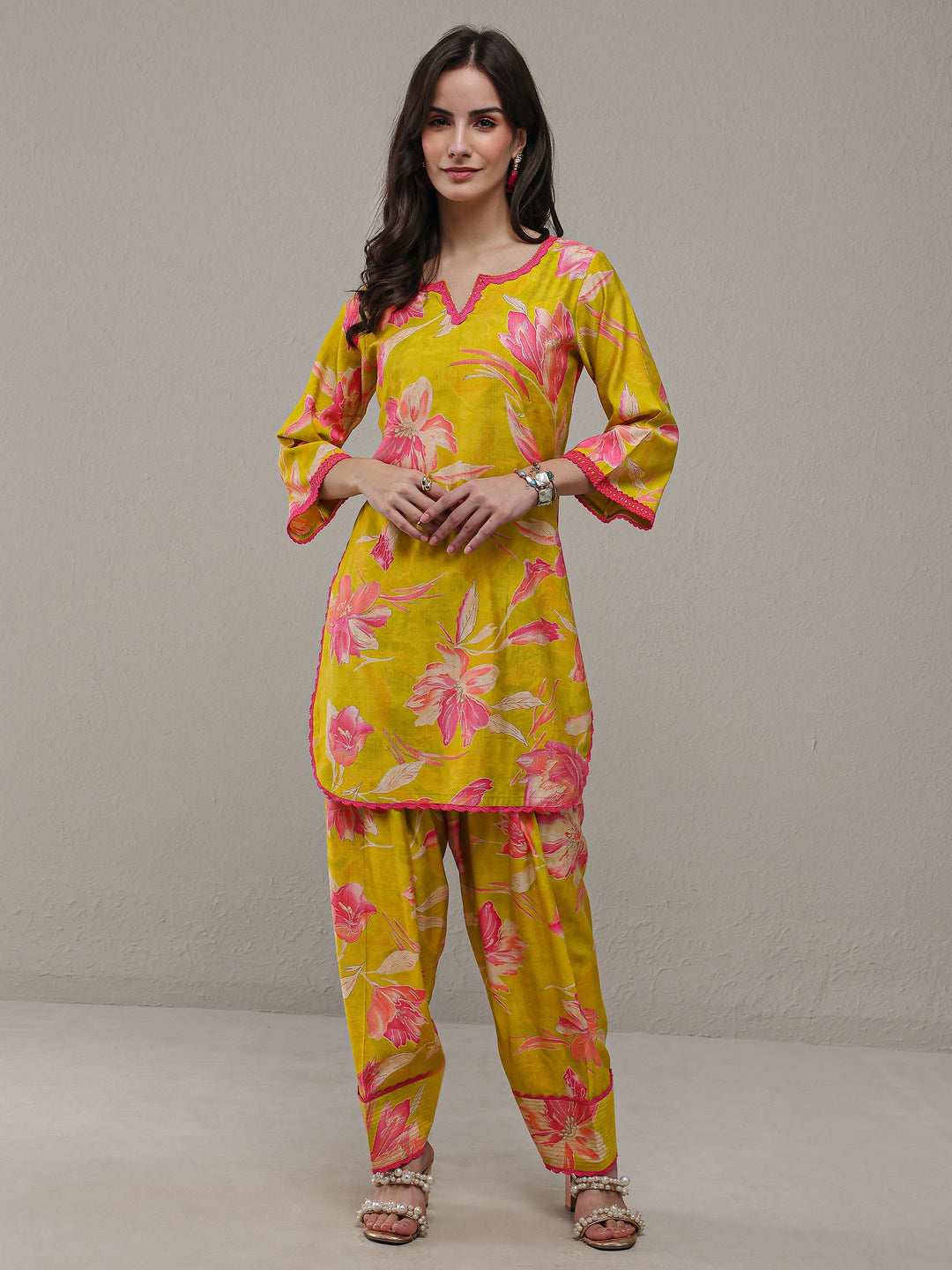 Libas Green Floral Printed Silk Blend Straight Kurta Set