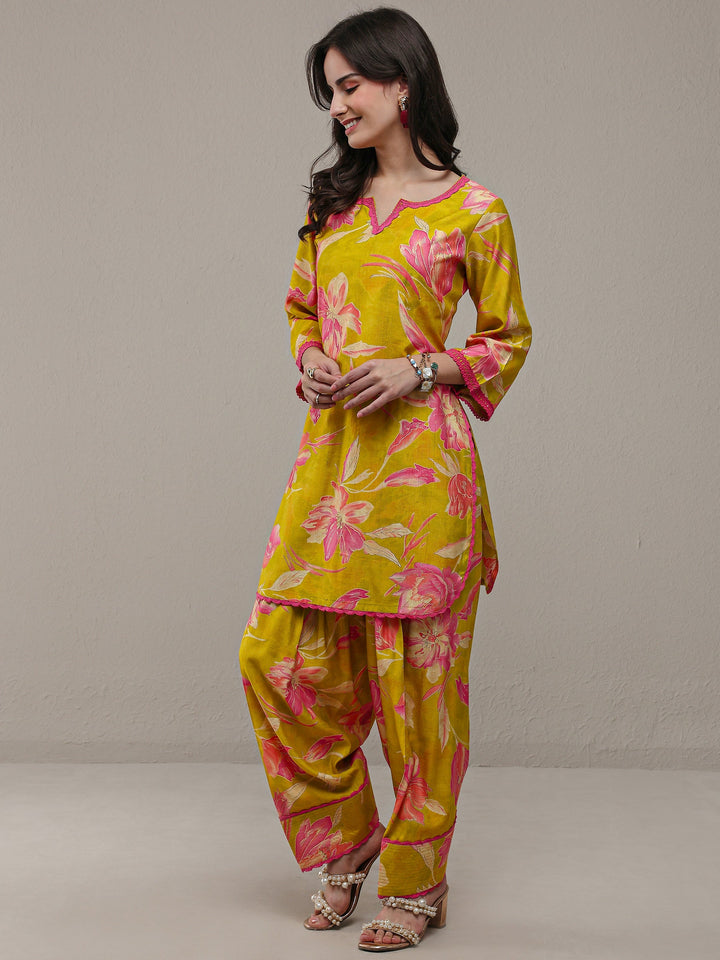 Libas Green Floral Printed Silk Blend Straight Kurta Set