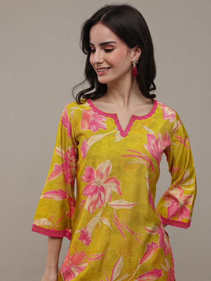 Libas Green Floral Printed Silk Blend Straight Kurta Set