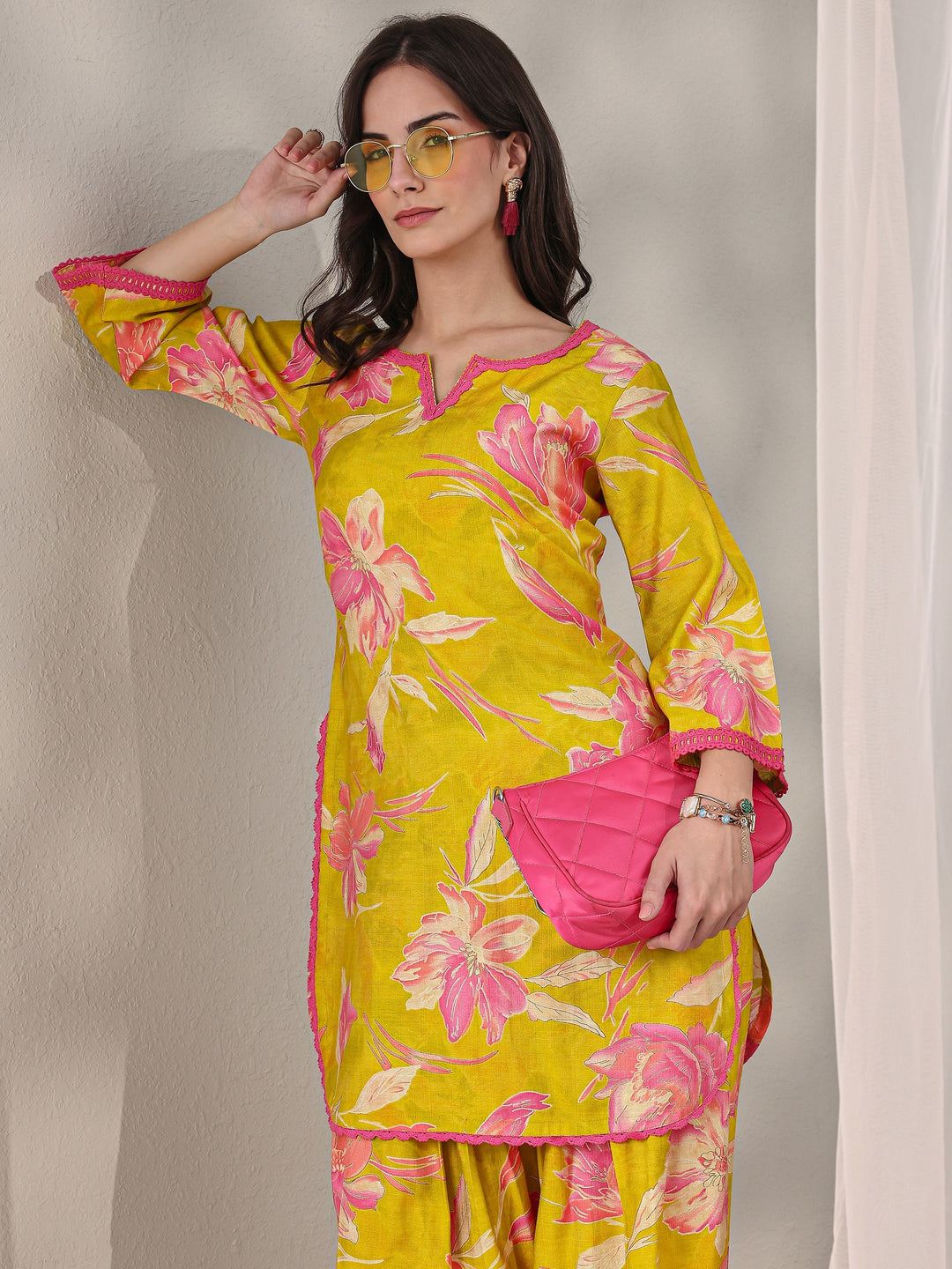 Libas Green Floral Printed Silk Blend Straight Kurta Set