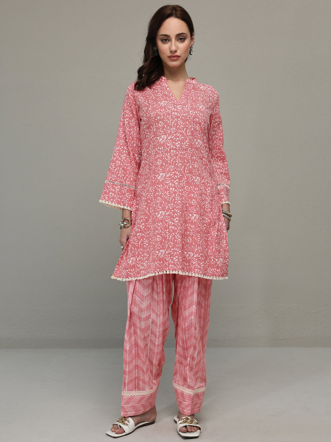 Libas Pink Floral Printed Cotton Straight Kurta Set