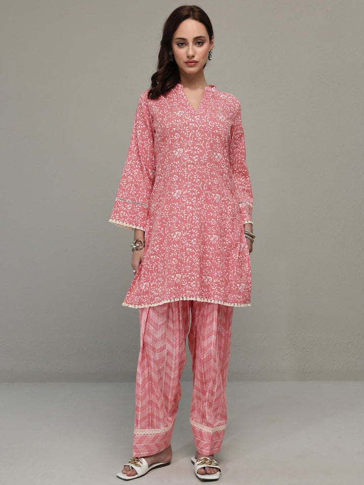 Libas Pink Floral Printed Cotton Straight Kurta Set