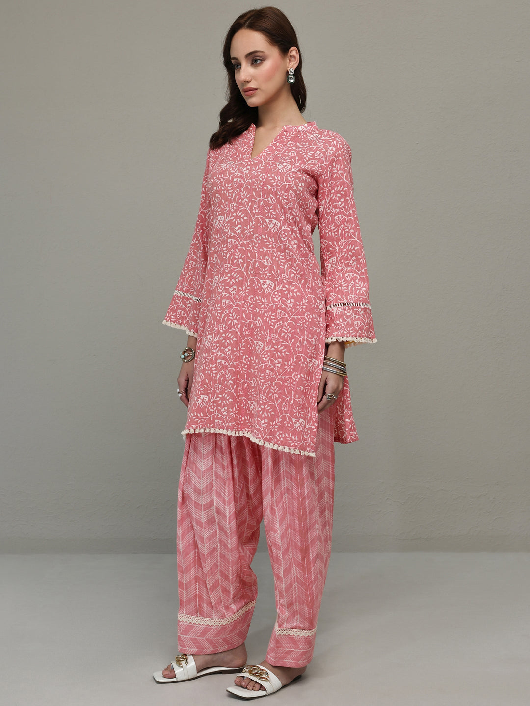Libas Pink Floral Printed Cotton Straight Kurta Set