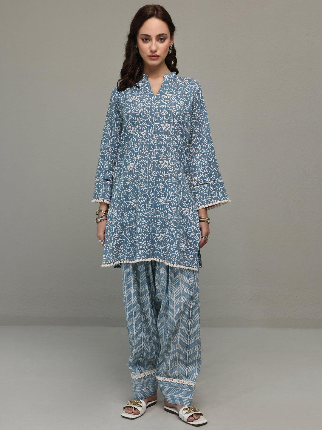 Libas Blue Floral Printed Cotton Straight Kurta Set