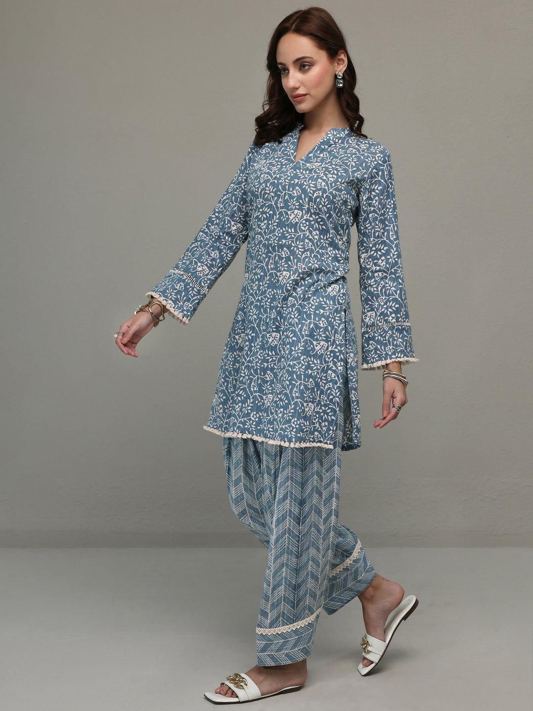 Libas Blue Floral Printed Cotton Straight Kurta Set