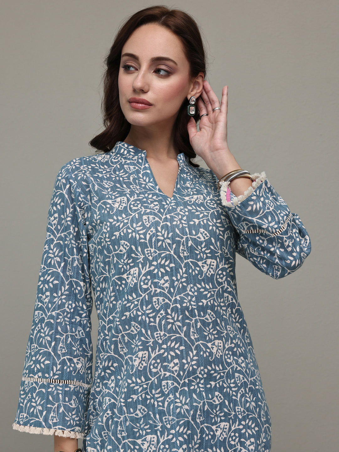 Libas Blue Floral Printed Cotton Straight Kurta Set