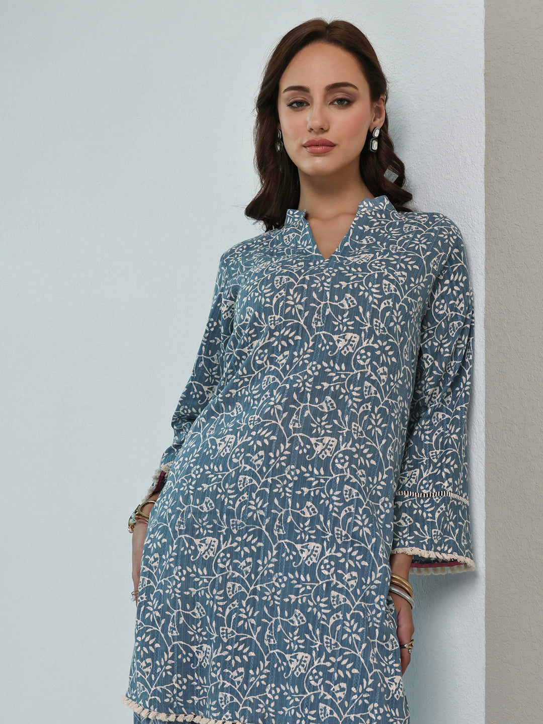 Libas Blue Floral Printed Cotton Straight Kurta Set