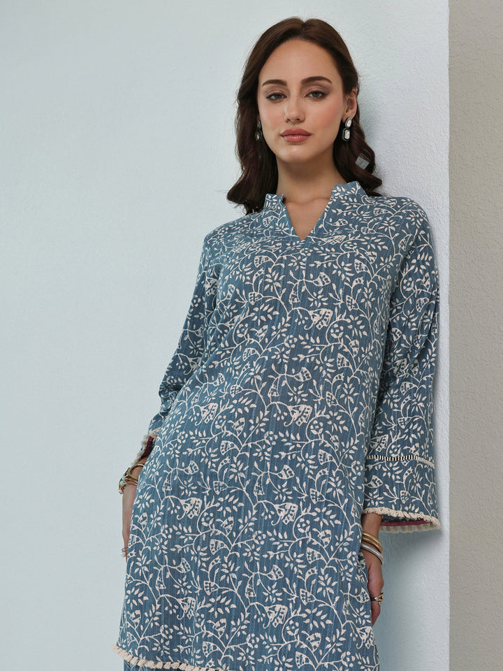 Libas Blue Floral Printed Cotton Straight Kurta Set