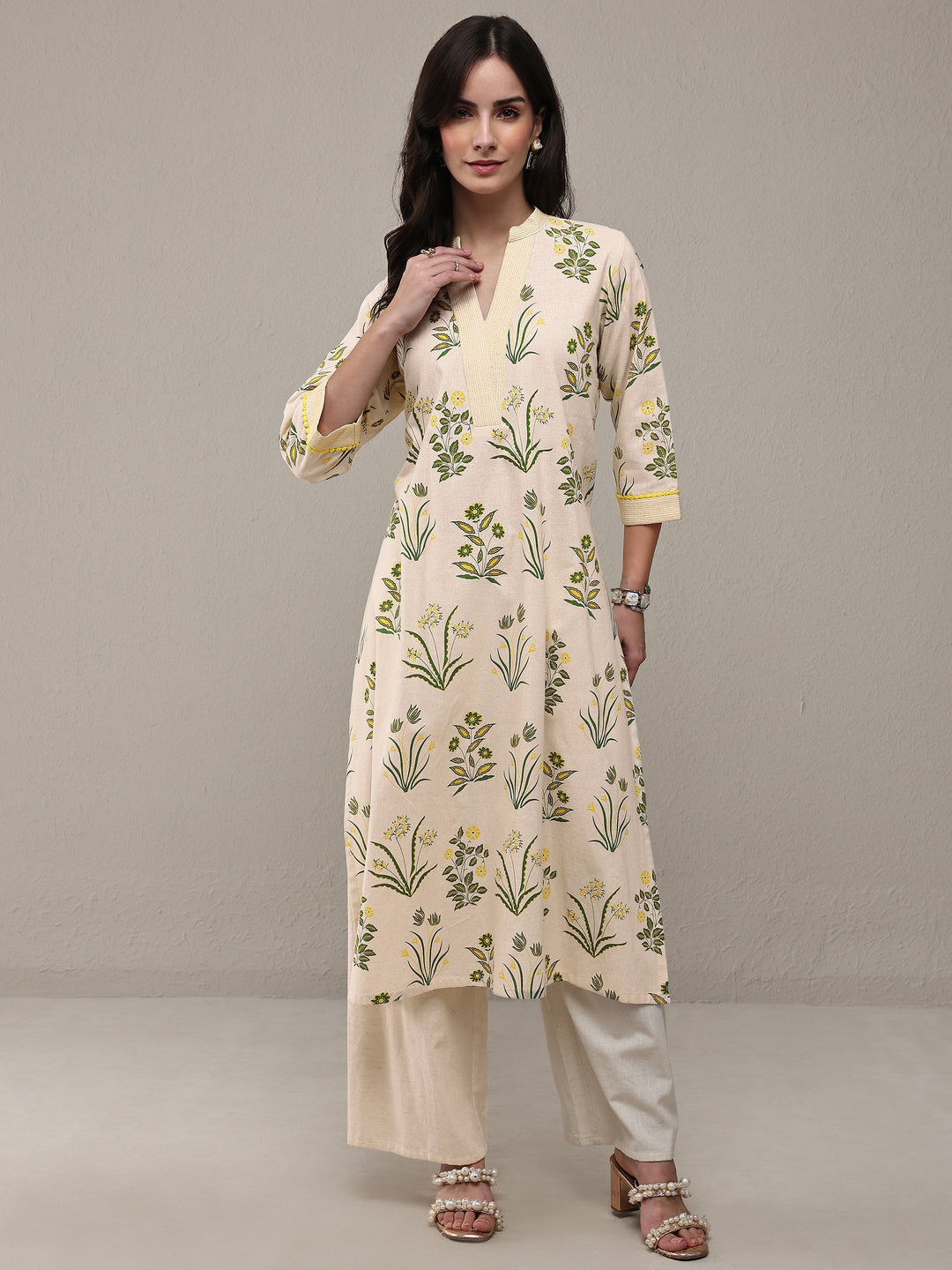 Off White Floral Printed Cotton Straight Kurta Set